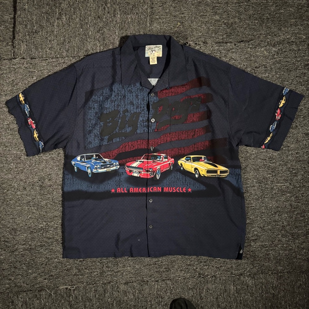 Vintage Big Dogs Navy Graphic Muscle Car Short Sleeve Button-Up Shirt Size‎ XL